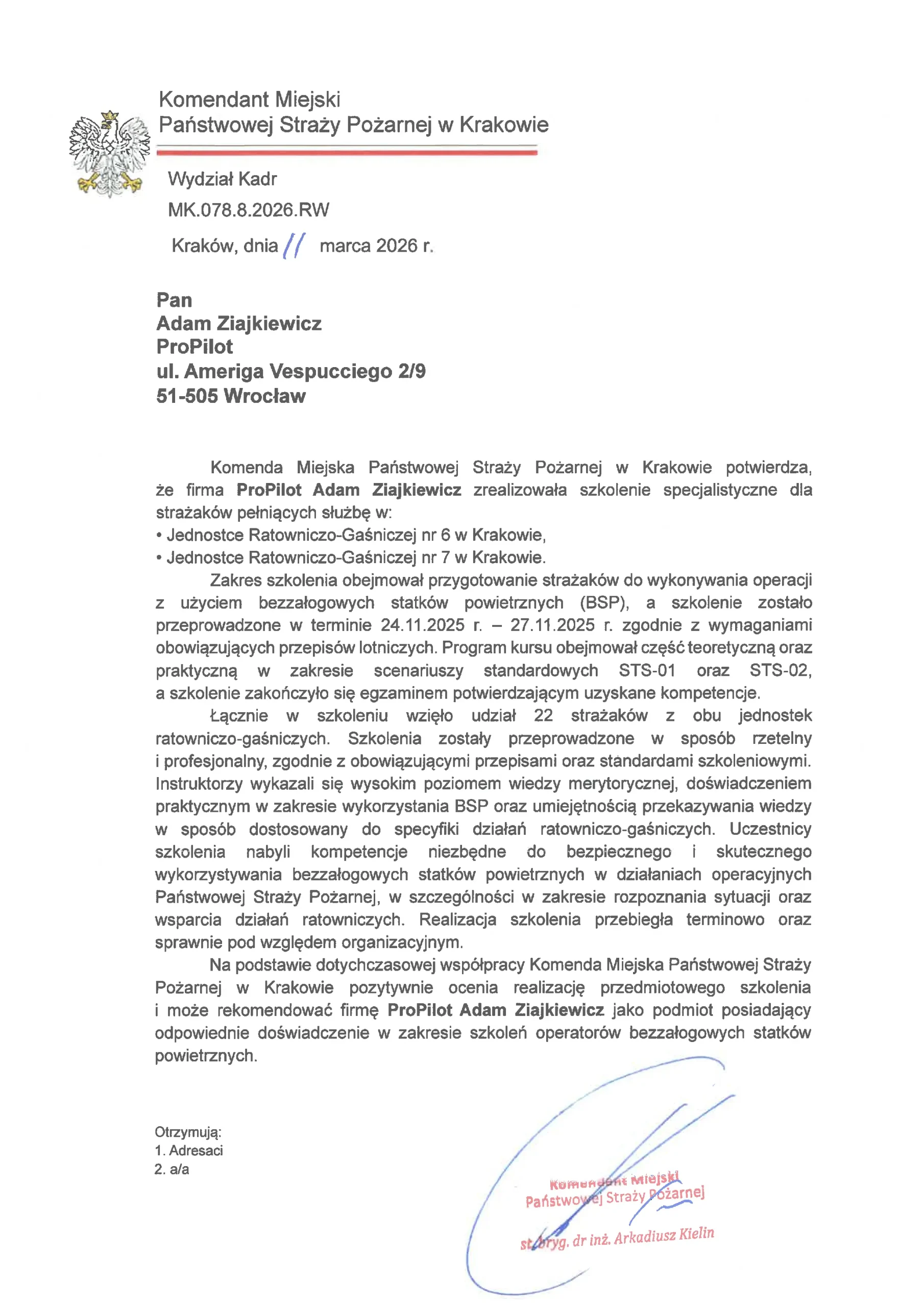 Skan referencji od Komendy Państwowej Straży Pożarnej w Krakowie dla ProPilot
