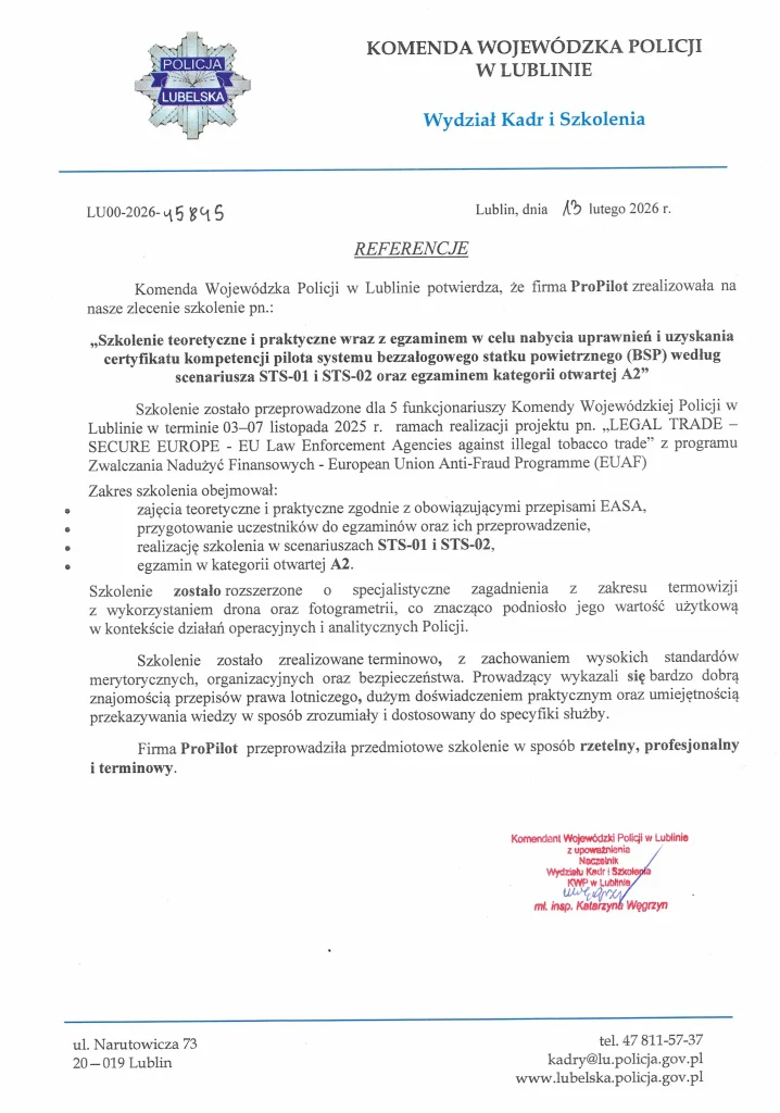 Skan referencji od Komendy Wojewódzkiej Policji w Lublinie dla ProPilot